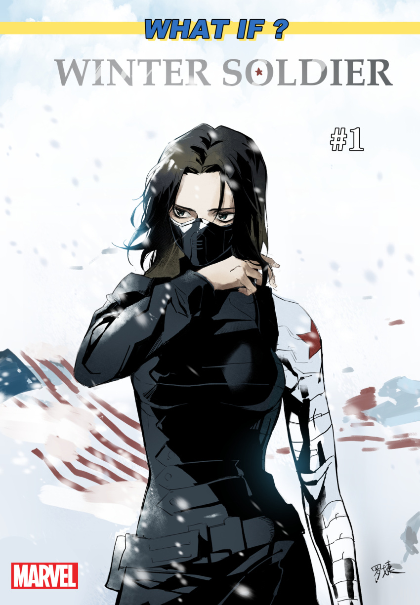 1girl american_flag belt black_belt black_bodysuit black_mask blood bodysuit breasts brown_hair buttons captain_america:_the_winter_soldier captain_america_(series) character_name chinese_commentary english_text fingernails genderswap genderswap_(mtf) green_eyes hand_up highres james_buchanan_barnes looking_to_the_side luo_jie marvel marvel_cinematic_universe mask medium_breasts mouth_mask outdoors pocket prosthesis prosthetic_arm short_hair snow snowing solo star_(symbol) winter winter_soldier