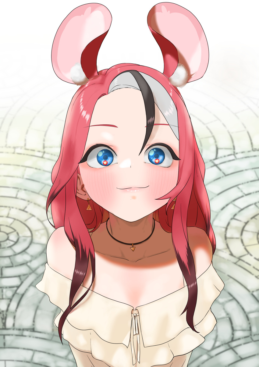 1girl absurdres animal_ear_fluff animal_ears bare_shoulders black_hair blue_eyes blush butayaro_kr closed_mouth earrings extra_ears hakos_baelz highres hololive hololive_english jewelry long_hair looking_at_viewer mouse_ears multicolored_hair necklace off-shoulder_shirt off_shoulder red_hair shirt smile solo streaked_hair upper_body virtual_youtuber white_hair