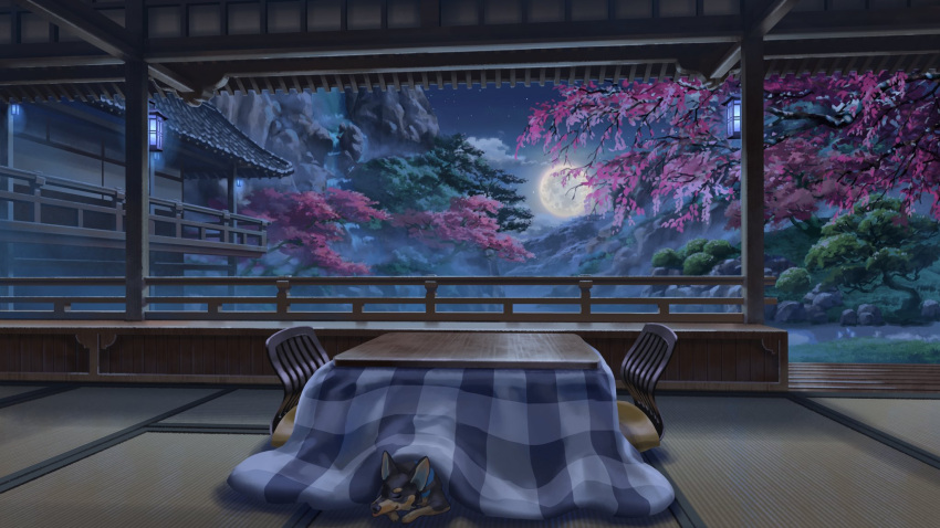 architecture chair cherry_blossoms cloud commentary cushion doberman dog east_asian_architecture english_commentary flower full_moon grass highres indie_utaite kotatsu lantern moon mountain night no_humans official_art pink_flower railing scenery shijohane table tatami tree under_kotatsu under_table unnamed_(utaite) veranda