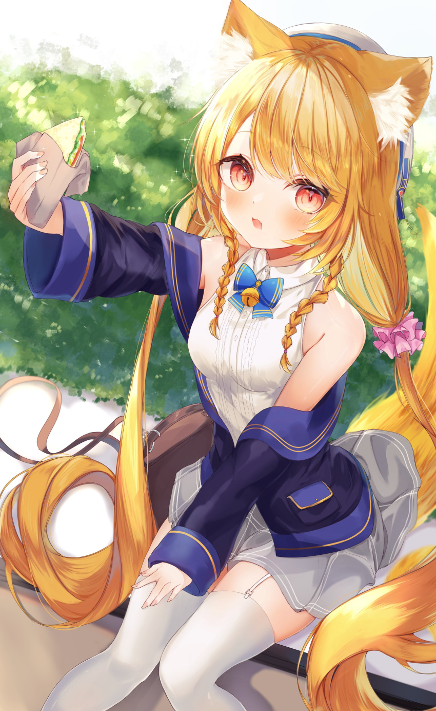 1girl absurdres animal_ear_fluff blonde_hair blue_jacket blush braid brown_bag collared_shirt commission food grey_skirt hair_ornament hair_scrunchie highres jacket long_hair low_twintails okomeillust open_clothes open_jacket open_mouth sandwich scrunchie shirt side_braids sitting skeb_commission skirt sleeveless sleeveless_shirt solo swept_bangs thighhighs twintails very_long_hair white_headwear white_shirt white_thighhighs yellow_eyes