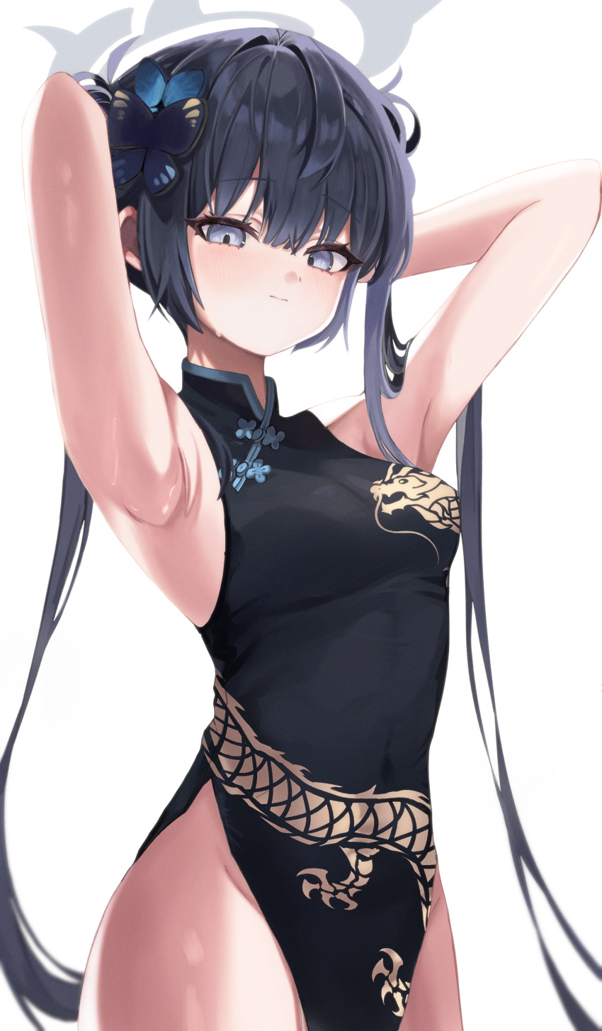 1girl absurdres armpits arms_behind_head arms_up black_dress black_eyes black_hair blue_archive blush breasts bug butterfly china_dress chinese_clothes dragon_print dress highres kisaki_(blue_archive) looking_at_viewer muang_(muang_vrc) sleeveless sleeveless_dress small_breasts solo twintails white_background