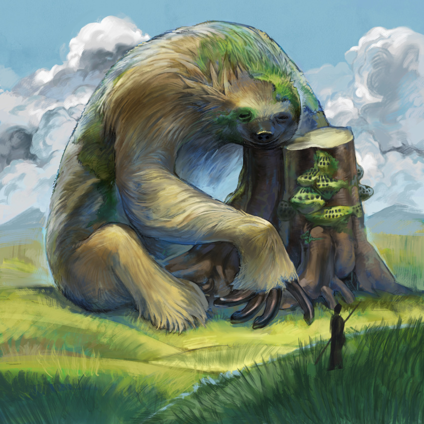 1other animal animal_focus blue_sky claws closed_eyes cloud day highres hill level-00 moss original outdoors oversized_animal procreate_(medium) sitting sky sleeping sloth_(animal) staff standing tree_stump