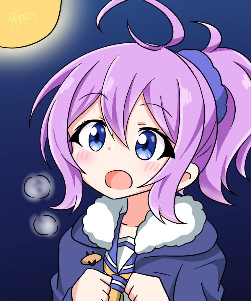 1girl absurdres ahoge aoba_(kancolle) blue_eyes blue_jacket blue_scrunchie breath full_moon fur-trimmed_jacket fur_trim hair_ornament hair_scrunchie highres jacket kantai_collection kinoshita_tsubomi medium_hair messy_hair moon neckerchief one-hour_drawing_challenge ponytail purple_hair purple_sailor_collar sailor_collar school_uniform scrunchie serafuku solo yellow_neckerchief