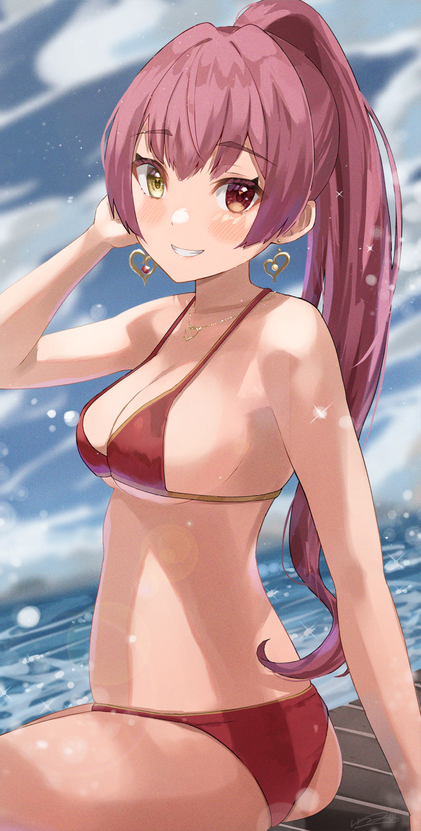 1girl absurdres blue_sky blush breasts cleavage cloud earrings gold_earrings gold_necklace haru_yu heart heart_earrings heart_necklace heterochromia highres hololive houshou_marine houshou_marine_(summer) jewelry large_breasts looking_at_viewer necklace official_alternate_costume ponytail red_eyes sky smile solo virtual_youtuber water yellow_eyes