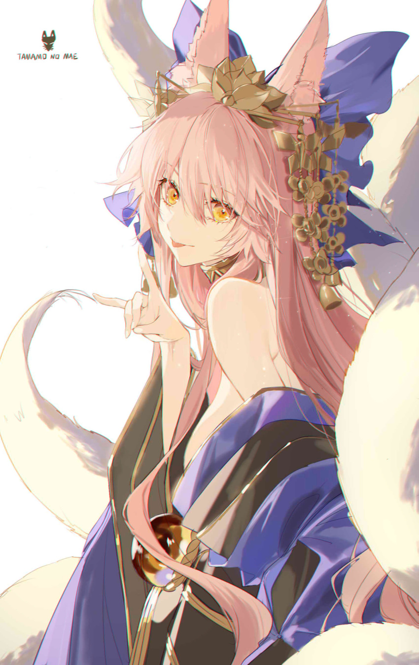 1girl absurdres animal_ear_fluff animal_ears bangs bare_shoulders bell blue_bow blue_kimono bow breasts bsq character_name cleavage fate/extra fate/grand_order fate_(series) fox_ears fox_girl fox_shadow_puppet fox_tail hair_between_eyes hair_bow hair_ornament hairpin highres japanese_clothes jewelry kimono large_breasts long_hair long_sleeves looking_at_viewer multiple_tails neck_ring obi off_shoulder pink_hair sash sidelocks smile solo tail tamamo_(fate) tamamo_no_mae_(fate) tongue tongue_out very_long_hair wide_sleeves yellow_eyes