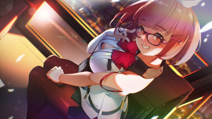 1girl adjusting_eyewear bare_shoulders belt black_belt black_skirt blunt_bangs blush bob_cut bow bra bra_peek bra_strap breast_pocket breasts button_gap clenched_teeth dutch_angle ferris_wheel ferris_wheel_interior game_cg hair_ornament hairpin hand_on_own_thigh highres joo_mi-ra lanyard light_particles looking_at_viewer medium_breasts miniskirt miracle_snack_shop mole mole_under_eye night night_sky no_pupils non-web_source nose_blush official_art orange_eyes orange_hair panty_straps pantyhose petals pink_lips pocket pov purple-framed_eyewear red_bow red_bra red_pantyhose shiny_skin shirt short_hair side_slit sitting skirt sky sleeveless sleeveless_shirt smile solo strap_slip talesshop teeth ukero underwear white_shirt winged_hair_ornament zipper zipper_skirt