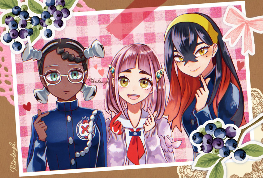 3girls amarys_(pokemon) arched_bangs artist_name black_hair blue_jacket carmine_(pokemon) closed_mouth crossed_bangs dark-skinned_female dark_skin finger_heart green_eyes hair_between_eyes hairband heart jacket lacey_(pokemon) long_hair long_sleeves looking_at_viewer medium_hair mole mole_under_eye multicolored_hair multiple_girls neckerchief open_mouth pink_hair pokemon pokemon_sv red_neckerchief rikurou short_hair signature smile teeth two-tone_hair upper_body upper_teeth_only yellow_eyes yellow_hairband