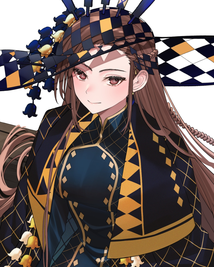 1girl black_dress braid brown_eyes brown_hair closed_mouth dorothea_coyett dress earrings fate/samurai_remnant fate_(series) hat highres hollowed_headwear jewelry large_hat light_(nightty45) looking_at_viewer simple_background single_earring smile solo swept_bangs white_background wide_brim
