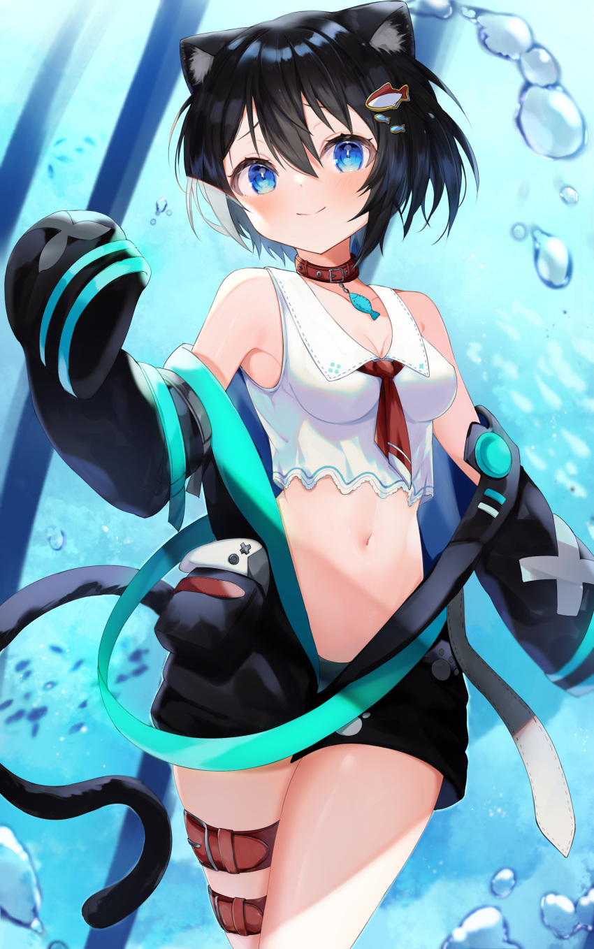 1girl absurdres animal_ears black_hair black_jacket blue_eyes blush bubble cat_ears cat_girl cat_tail choker commission crop_top fish_hair_ornament hair_ornament highres indie_virtual_youtuber jacket maguro_neko multiple_thigh_straps okomeillust open_clothes open_jacket red_choker shirt short_hair skeb_commission smile solo tail virtual_youtuber white_shirt