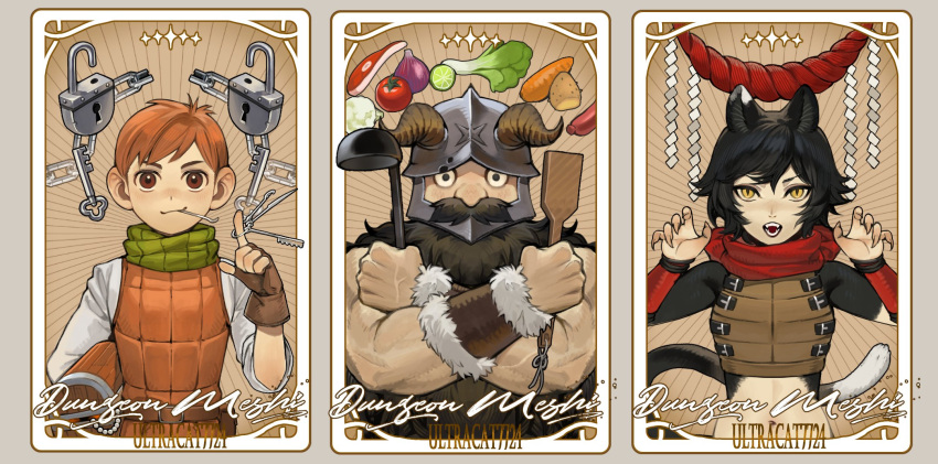 1girl 2boys animal_ears arm_guards armor artist_name bare_shoulders beard black_hair body_fur brown_background brown_eyes brown_gloves card_(medium) carrot carrying carrying_under_arm cat_ears cat_girl cat_tail chilchuck_tims claw_pose closed_mouth commentary copyright_name crop_top crossed_arms dungeon_meshi dwarf english_commentary facial_hair fake_horns fingerless_gloves fingernails food fruit gloves green_scarf halfling hands_up helmet highres holding holding_ladle holding_spatula horned_helmet horns izutsumi key ladle leather_armor lime_(fruit) lock long_beard looking_at_viewer meat midriff mouth_hold multiple_boys muscular muscular_male navel neck_warmer onion open_mouth orange_hair padlock red_scarf rope sausage scarf senshi_(dungeon_meshi) sharp_fingernails shide shimenawa shirt short_hair sleeveless sleeves_rolled_up slit_pupils smirk spatula tail tomato treasure_chest ultracat upper_body vegetable veins white_shirt yellow_eyes