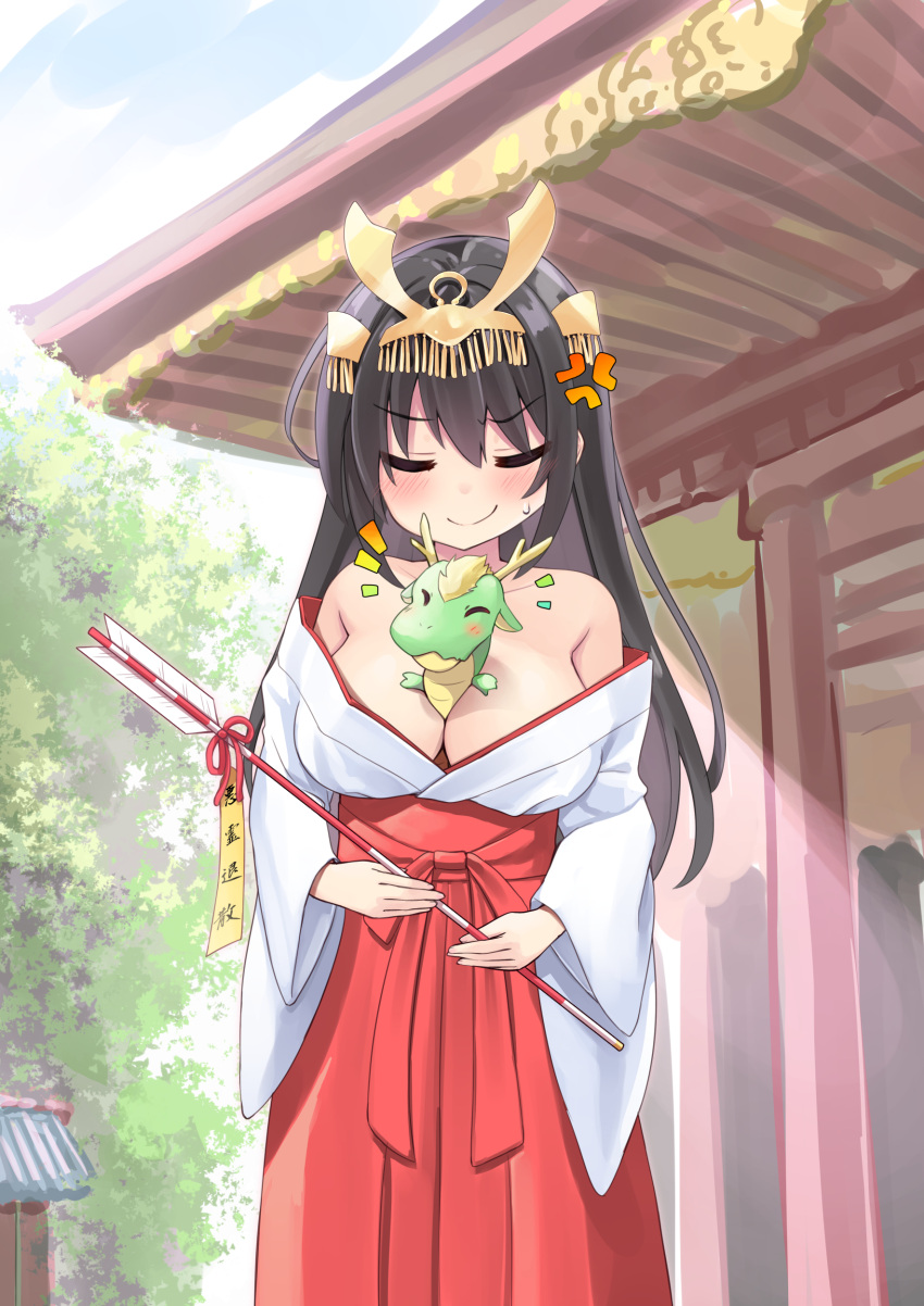 1girl absurdres anger_vein arrow_(projectile) bare_shoulders between_breasts black_hair blush breasts chinese_zodiac closed_eyes closed_mouth collarbone commentary_request dragon hair_ornament highres huge_breasts japanese_clothes jewelry long_hair miko notice_lines original outdoors smile solo sweatdrop tenjou_ryuka translation_request variant_set year_of_the_dragon