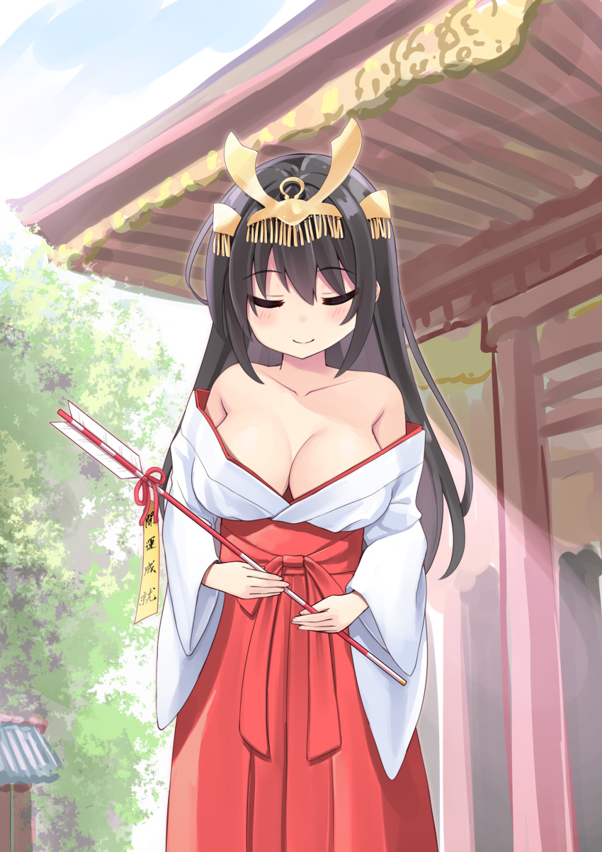 1girl absurdres arrow_(projectile) bare_shoulders black_hair blush breasts closed_eyes closed_mouth collarbone commentary_request hair_ornament highres huge_breasts japanese_clothes jewelry long_hair miko original outdoors smile solo tenjou_ryuka translation_request variant_set