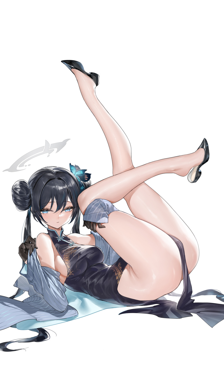 1girl absurdres black_dress black_footwear black_gloves black_hair blue_archive blue_eyes blue_jacket breasts butterfly_hair_ornament china_dress chinese_clothes dated_commentary double_bun dragon_print dress gloves grey_halo hair_bun hair_ornament halo highres horz jacket kisaki_(blue_archive) legs long_hair looking_at_viewer lying medium_breasts on_back pelvic_curtain print_dress shoes simple_background sleeveless sleeveless_dress striped striped_jacket thighs twintails vertical-striped_jacket vertical_stripes white_background