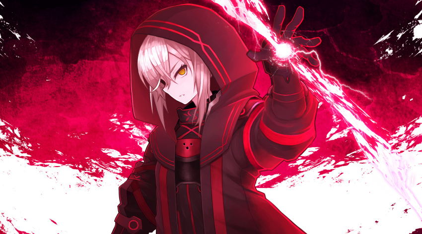 &gt;:) 1girl amakamigot0702 artoria_pendragon_(fate) black_cloak black_gloves cloak fate/grand_order fate_(series) gloves highres hood hood_up hooded_cloak magic mysterious_heroine_x_alter_(fate) mysterious_heroine_x_alter_(third_ascension)_(fate) open_clothes orange_eyes short_hair solo teeth v-shaped_eyebrows white_hair