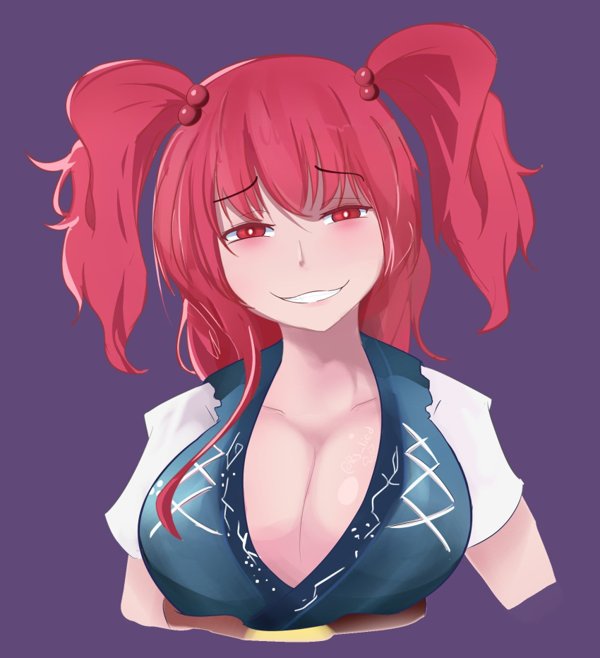 1girl blush breasts bright_pupils cleavage commentary commission cropped_torso english_commentary hair_bobbles hair_ornament highres large_breasts looking_at_viewer medium_hair moero_3l onozuka_komachi parted_lips purple_background red_eyes short_sleeves simple_background smug solo touhou two_side_up upper_body white_pupils