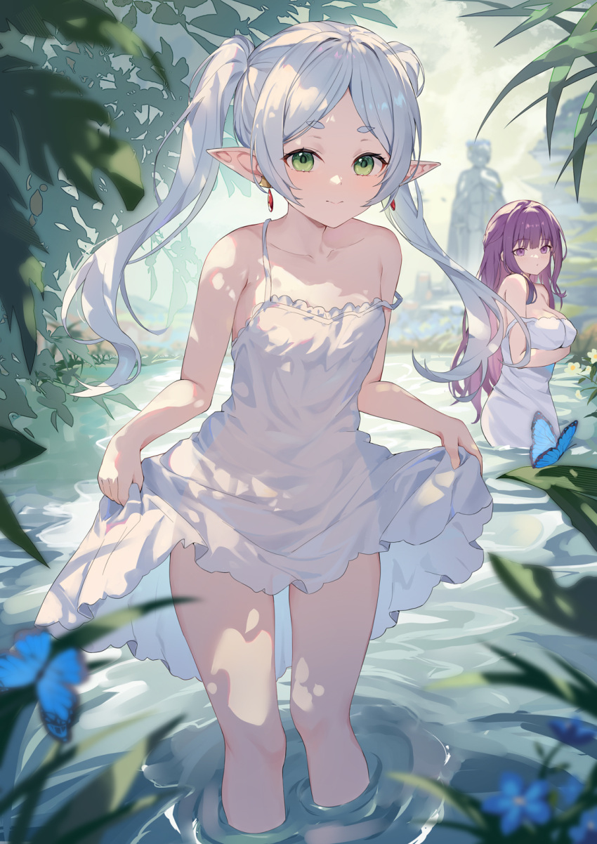 2girls bare_legs blurry blurry_background breasts bug butterfly closed_mouth clothes_lift dress earrings elf fern_(sousou_no_frieren) forehead frieren green_eyes highres himmel_(sousou_no_frieren) hokori_sakuni jewelry large_breasts long_hair looking_at_viewer multiple_girls nature outdoors parted_bangs pointy_ears purple_eyes purple_hair skirt skirt_lift small_breasts smile sousou_no_frieren statue strap_slip sundress thick_eyebrows thigh_gap thighs twintails very_long_hair wading white_dress white_hair