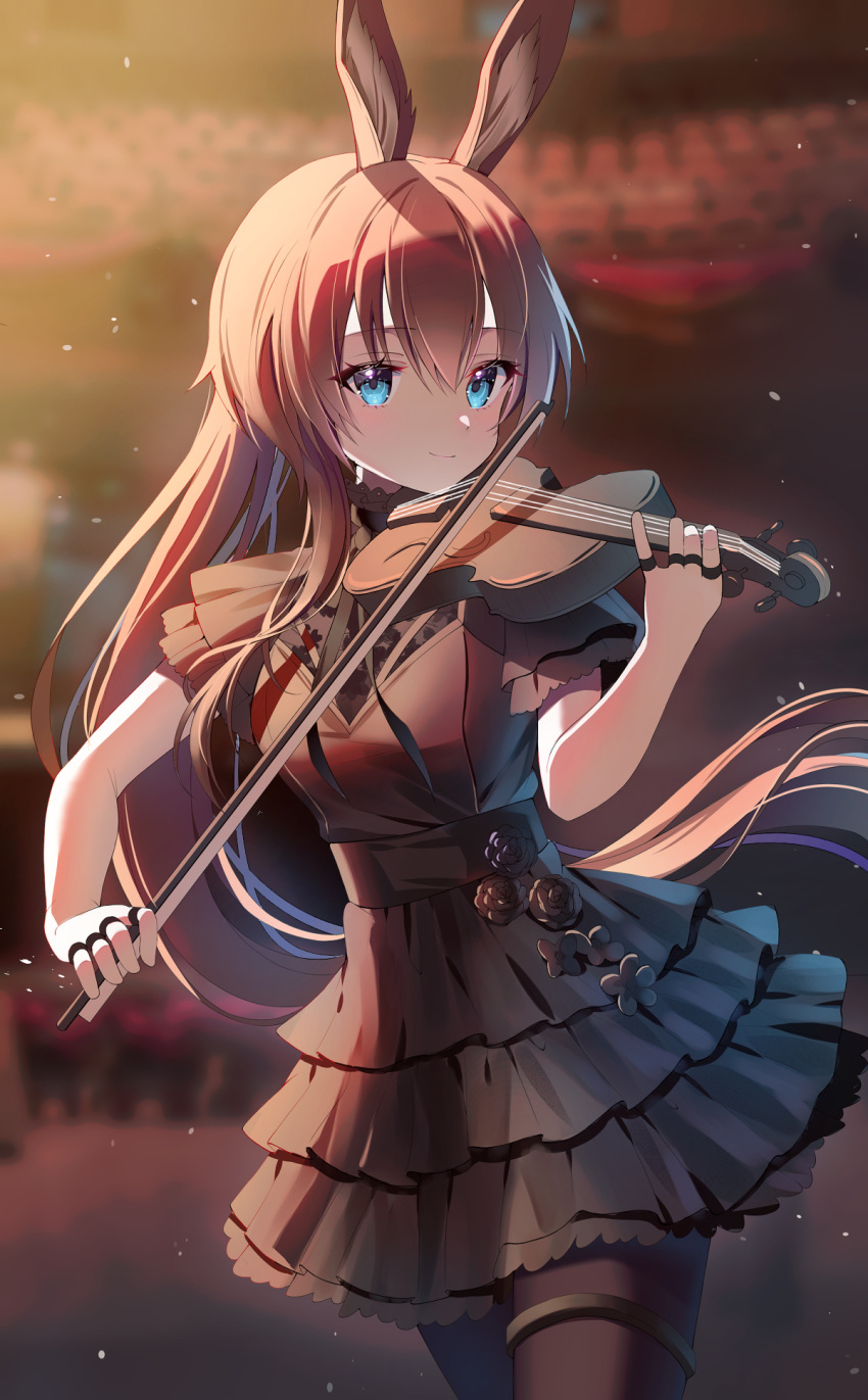 1girl amiya_(arknights) animal_ear_fluff animal_ears arknights bangs black_dress black_legwear blue_eyes blurry blurry_background blush bow_(instrument) breasts brown_hair commentary cowboy_shot dress eyebrows_visible_through_hair flower frilled_dress frills gin_(gin937) hair_between_eyes hand_up highres holding holding_instrument instrument jewelry layered_dress long_hair looking_at_viewer medium_breasts multiple_rings music playing_instrument ponytail rabbit_ears ring short_sleeves sidelocks smile solo standing thighhighs very_long_hair violin
