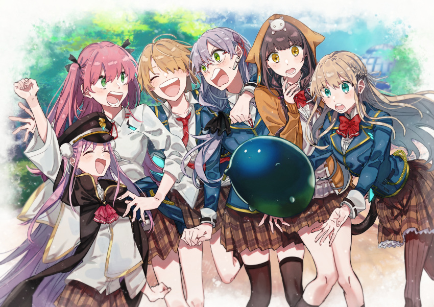 6+girls absurdres aikawa_megumi animal_hood animal_on_head aqua_eyes arm_around_shoulder arm_up asakura_karen_(heaven_burns_red) ascot black_cape black_hair black_headwear black_socks black_thighhighs blazer blonde_hair blue_jacket blunt_bangs blush bow bowtie braid brown_pantyhose brown_skirt cape clenched_hand closed_eyes clothes_around_waist collared_shirt earpiece glasses green_eyes grey_hair hair_ornament hair_over_one_eye heaven_burns_red highres hood hood_up izumi_yuki_(heaven_burns_red) jacket jacket_around_waist kanya_(asa_yake01) kayamori_ruka kneehighs kunimi_tama long_hair long_sleeves looking_at_another multiple_girls narvy_(heaven_burns_red) neck_ribbon necktie on_head open_clothes open_jacket open_mouth orange_eyes orange_jacket pantyhose pink_hair plaid plaid_skirt pleated_skirt red_ascot red_bow red_bowtie red_necktie red_ribbon ribbon school_uniform shirt short_hair skirt sleeve_cuffs socks team_31a_(heaven_burns_red) thighhighs toujou_tsukasa twintails two_side_up upper_body very_long_hair white_shirt