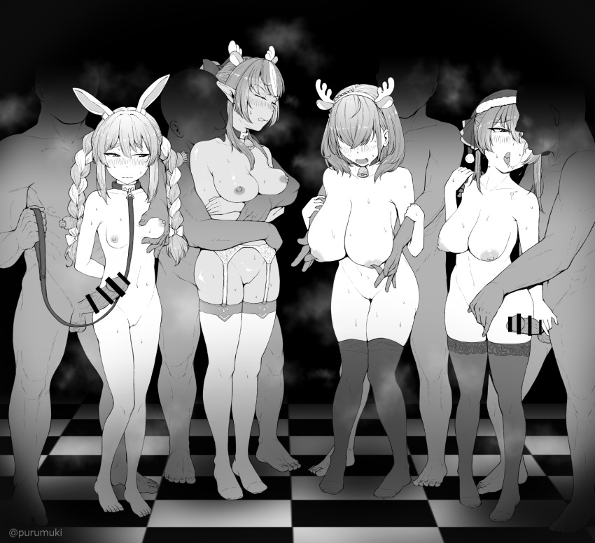 4boys 4girls after_kiss animal_ears antlers bell blush braid breasts christmas commentary_request completely_nude cowbell elf extra_ears faceless faceless_male fake_antlers garter_belt grabbing grabbing_another's_breast grabbing_from_behind greyscale hair_ribbon hand_on_another's_crotch hat hetero highres holding holding_leash hololive houshou_marine hug hug_from_behind huge_breasts large_breasts leash long_hair monochrome multicolored_hair multiple_boys multiple_girls nipple_tweak nipples nude pointy_ears puru_(manatsu) pussy rabbit_ears reindeer_antlers ribbon sagging_breasts saliva saliva_trail santa_hat shiranui_flare shirogane_noel short_hair small_breasts standing streaked_hair sweat thighhighs twin_braids twintails twitter_username usada_pekora virtual_youtuber