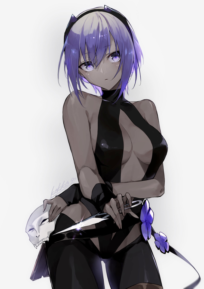 1girl absurdres bare_shoulders black_gloves black_hairband black_leotard breasts center_opening colored_skin dark-skinned_female dark_skin fate/prototype fate/prototype:_fragments_of_blue_and_silver fate_(series) fingerless_gloves gloves grey_skin hairband hassan_of_serenity_(fate) highres kino_kokko kunai leggings leotard looking_at_viewer mask medium_breasts navel purple_eyes purple_hair short_hair sidelocks solo very_dark_skin weapon