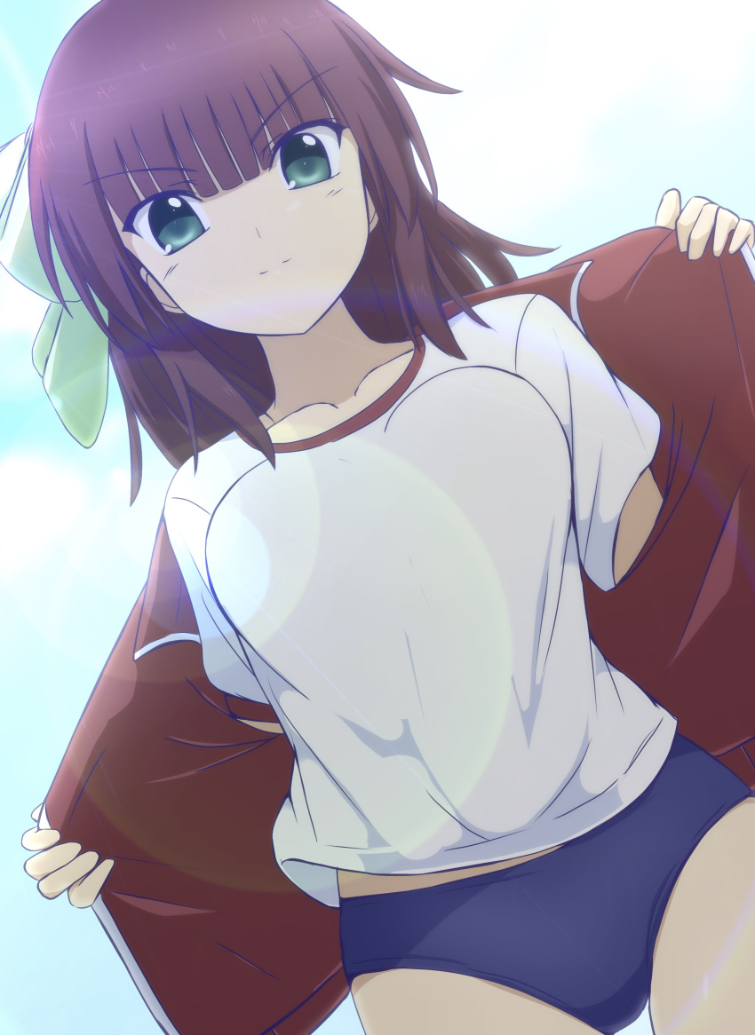 1girl absurdres angel_beats! bangs blue_buruma blunt_bangs blush bow brown_hair buruma closed_mouth collarbone dutch_angle eyebrows_visible_through_hair green_bow green_eyes gym_uniform hair_bow highres jacket lelie long_hair looking_at_viewer open_clothes open_jacket red_jacket shirt short_sleeves solo standing thigh_gap undressing white_background white_shirt yuri_(angel_beats!)