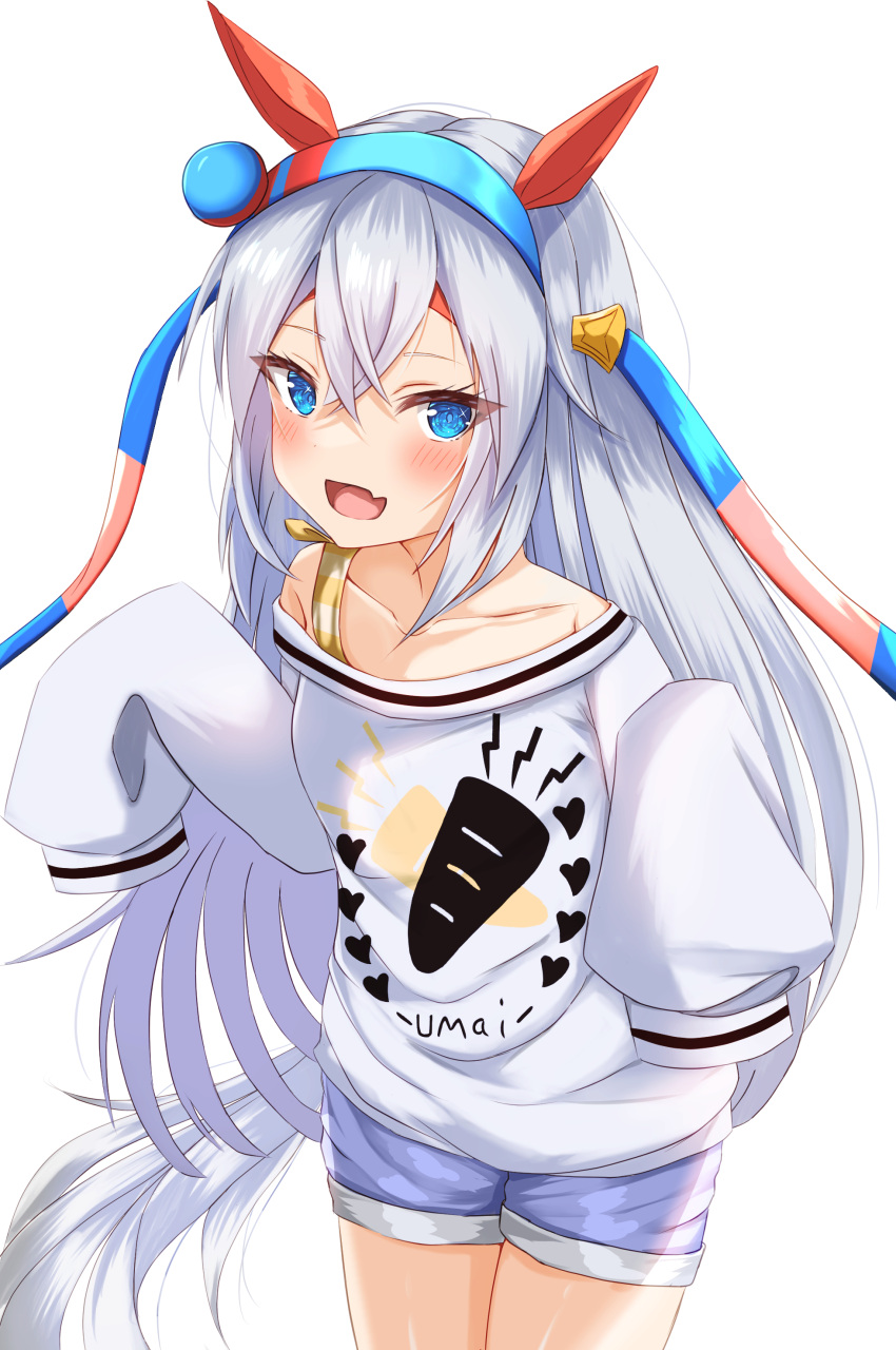 1girl absurdres animal_ears blue_eyes blush commentary_request cowboy_shot denim denim_shorts elbow_rest fang grey_hair hairband hand_on_own_cheek hand_on_own_face headband highres horse_ears horse_girl horse_tail kudo_(user_dzch8572) long_hair long_sleeves looking_at_viewer off_shoulder open_mouth shirt shorts signature skin_fang sleeves_past_fingers sleeves_past_wrists smile solo tail tamamo_cross_(umamusume) umamusume white_background white_shirt