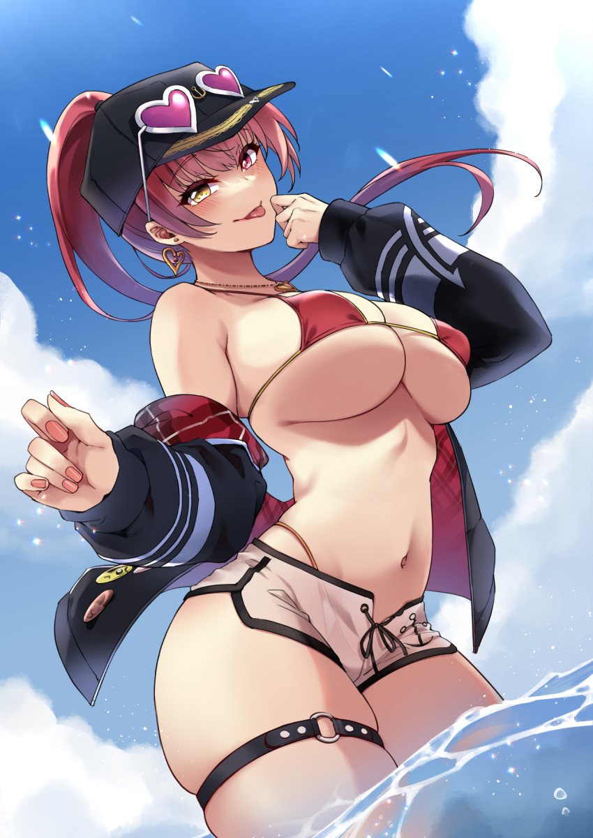 1girl anchor_print arrow_through_heart bangs bikini black_jacket blush breasts dolphin_shorts dutch_angle earrings eyewear_on_headwear floating_hair hand_up hat heart heart-shaped_eyewear heart_earrings heterochromia high_ponytail highleg highleg_bikini highres hololive houshou_marine jacket jewelry large_breasts long_hair mibry_(phrysm) navel off_shoulder official_alternate_costume pink_nails ponytail red_bikini red_eyes red_hair shorts skindentation solo strap_gap swimsuit thigh_strap tongue tongue_out virtual_youtuber wading water yellow_eyes