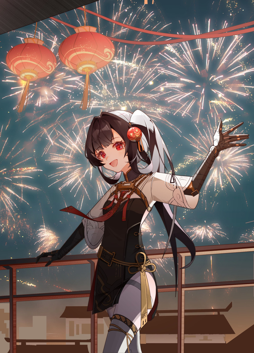 1girl absurdres aerial_fireworks architecture black_dress black_hair blush boots building chinese_clothes chinese_commentary chinese_knot cloud_print commentary cowboy_shot dress east_asian_architecture fireworks hair_intakes hair_rings hand_on_railing highres jewelry lantern lantern_hair_ornament long_hair looking_at_viewer mechanical_arms mizu_moku_shio necklace night night_sky one_side_up paper_lantern petite pulao:_dragontoll_(punishing:_gray_raven) pulao_(punishing:_gray_raven) punishing:_gray_raven railing red_eyes short_dress short_sleeves shrug_(clothing) side_slit sky smile solo thigh_boots waving white_footwear white_shrug