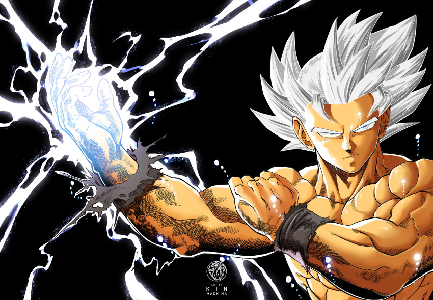 1boy 737_kin absurdres artist_logo artist_name aura dragon_ball dragon_ball_super glowing glowing_hand highres muscular muscular_male torn_clothes ultra_instinct white_eyes white_hair