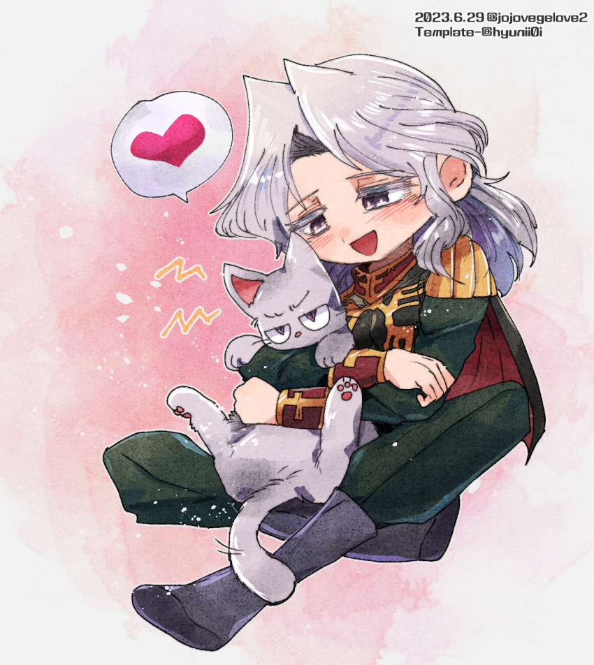 1boy :d anavel_gato animal blush boots cape cat commentary dated epaulettes full_body green_cape green_jacket green_pants grey_cat grey_footwear grey_hair gundam gundam_0083 heart high_collar highres holding holding_animal holding_cat indian_style ing'yeo_soyeo jacket long_hair long_sleeves male_focus medium_hair military_uniform open_mouth pants pink_background purple_eyes simple_background sitting smile solo speech_bubble spoken_heart symbol-only_commentary uniform watercolor_background white_background
