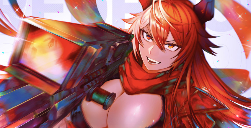 1girl black_jacket breasts cleavage commentary_request glint goddess_of_victory:_nikke gun hair_between_eyes highres holding holding_gun holding_weapon horns jacket large_breasts leather leather_jacket long_hair mechanical_horns open_clothes open_jacket open_mouth red_hair red_hood_(nikke) red_jacket red_scarf reflection rifle scarf scope sidelocks signature sniper_rifle solo teeth touou upper_body weapon yellow_eyes