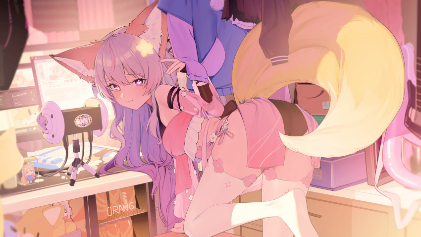 1girl :3 absurdres animal_ear_fluff animal_ears annytf asmr babydoll bent_over bikini binaural_microphone black_bikini black_gloves black_sleeves blurry blush can chibi chibi_inset closet commission depth_of_field desk detached_sleeves drink_can electric_guitar fingerless_gloves fox_ears fox_girl fox_tail frilled_bikini frills from_behind frown gloves gradient_hair grey_hair guitar hair_ornament heart heart-shaped_pupils heterochromia highres hiiragi_mikoto in_jar indie_virtual_youtuber indoors instrument jar keyboard_(computer) leg_up livestream long_hair looking_at_viewer looking_back microphone microphone_stand monitor mouse_(computer) multicolored_hair no_shoes pink_babydoll pink_bikini pink_eyes pink_hair pink_sleeves purple_eyes second-party_source see-through see-through_sleeves skeb_commission smile soda_can solo star_(symbol) star_hair_ornament streaked_hair stuffed_animal stuffed_toy swimsuit symbol-shaped_pupils tail thighhighs unworn_clothes v-shaped_eyebrows virtual_youtuber white_thighhighs