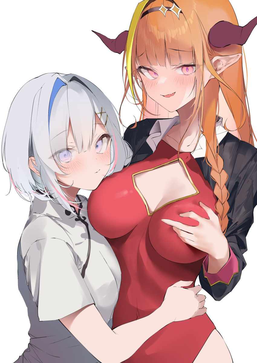 2girls absurdres alternate_costume amane_kanata blonde_hair blue_hair blush breasts chinese_clothes cleavage_cutout clothing_cutout covered_navel dragon_girl dragon_horns facing_another fang flat_chest hair_intakes hair_ornament hairpin highres hololive horns hug kiryu_coco large_breasts leotard long_hair looking_at_viewer multiple_girls orange_hair parted_lips pepq pink_eyes pointy_ears purple_eyes red_leotard short_hair skin_fang skin_tight smile upper_body virtual_youtuber white_background white_hair