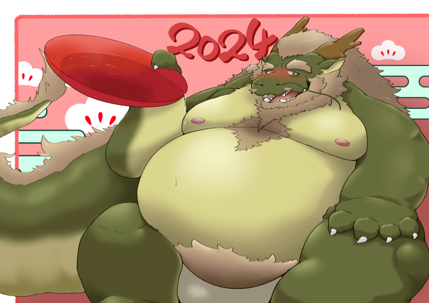 2024 absurd_res alcohol anthro beard belly beverage big_belly blush clothing dragon facial_hair green_body hi_res kemono male mature_male moobs nipples obese obese_male overweight overweight_male sake sake_dish solo underwear white_clothing white_underwear yanununununu