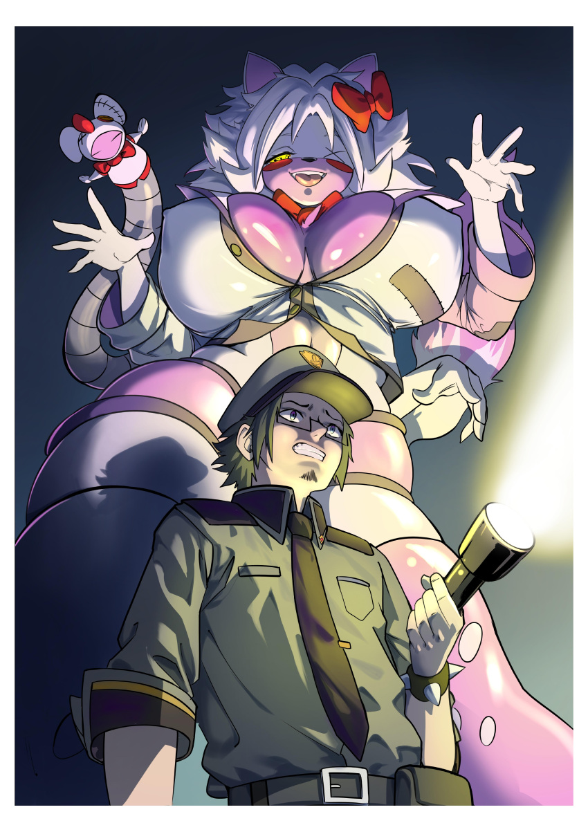 absurd_res accessory animatronic anthro border bow_ribbon canid canine clothed clothing comic cover cover_art cover_page duo eyewear female five_nights_at_freddy's five_nights_at_freddy's_2 flashlight fox fully_clothed glasses hair_accessory hair_bow hair_ribbon hat headgear headwear hi_res human machine male male/female mammal mangle_(fnaf) open_mouth patch_(fabric) puppet ribbons robot scottgames skimpy spot_caution white_border yellow_eyes