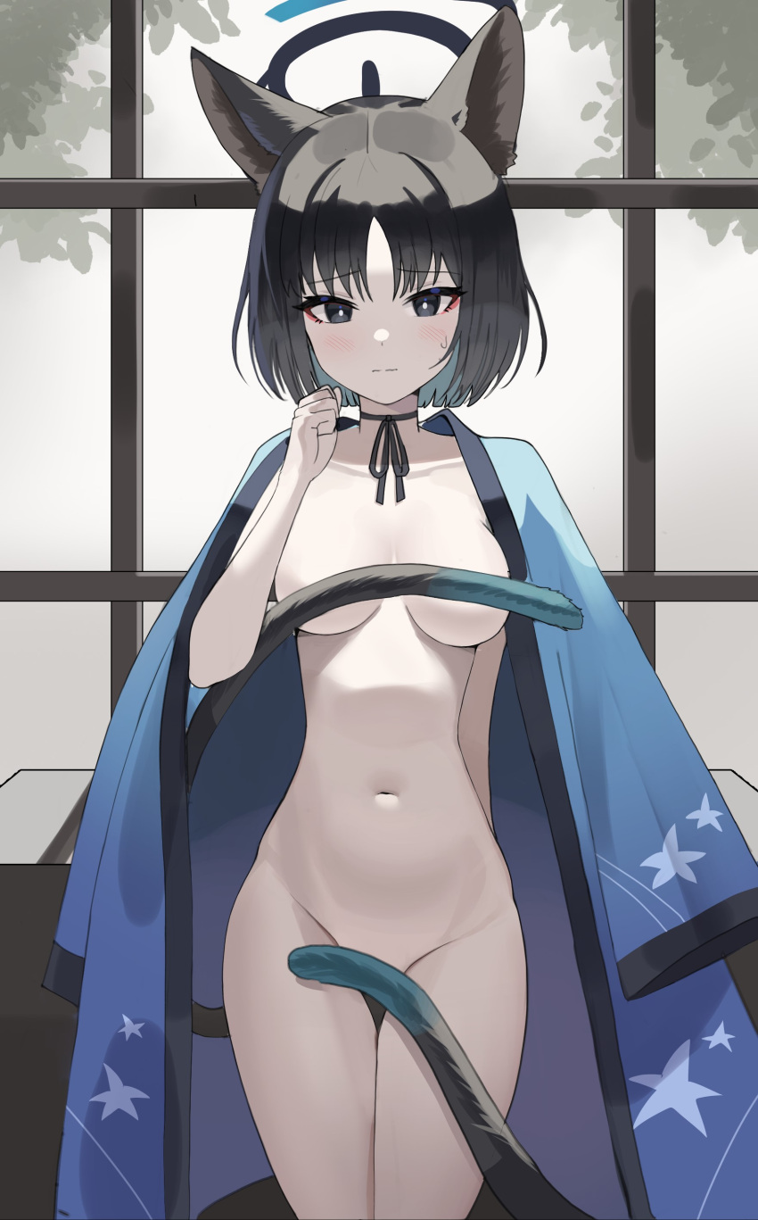 1girl absurdres animal_ears bakeneko black_eyes black_hair black_ribbon blue_archive blush breasts bright_pupils cat_ears cat_girl cat_tail choker closed_mouth collarbone commentary_request dalgam12 embarrassed eyeshadow halo highres indoors japanese_clothes kikyou_(blue_archive) kimono korean_commentary looking_at_viewer makeup medium_breasts naked_kimono navel open_clothes open_kimono red_eyeshadow ribbon ribbon_choker short_hair shouji sliding_doors solo standing stomach sweatdrop tail tail_censor thigh_gap wavy_mouth white_pupils