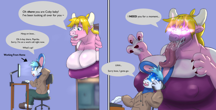 anthro big_breasts bodily_fluids bovid bovine breasts cattle clothing cobalt_(olibur) dialogue drooling duo female hi_res horn huge_breasts lagomorph larger_female leporid long_tongue male male/female mammal nipple_outline olibur paprika_(olibur) rabbit saliva saliva_on_tongue saliva_string scared shirt size_difference smaller_male speech_bubble story tank_top tongue topwear