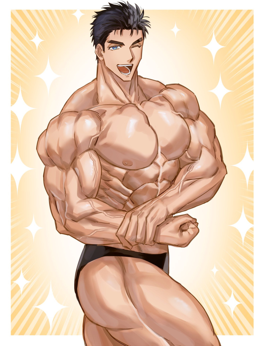 1boy ;d abs bara biceps black_hair black_male_underwear blue_eyes bodybuilder cowboy_shot domo_(domo_kizusuki) flexing highres kokado_shido_(domo) large_pectorals male_focus male_underwear manly muscular muscular_male nipples one_eye_closed original pectorals short_hair shredded_muscles sideburns smile solo sparkle thick_arms thick_eyebrows thick_thighs thighs topless_male underwear underwear_only veins veiny_arms