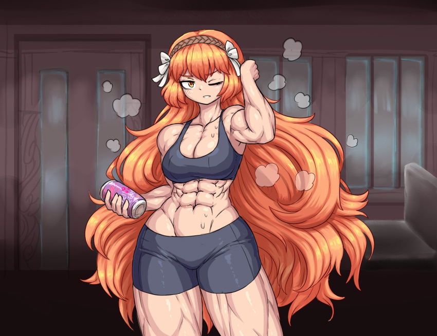 1girl abs can drink_can hair_ribbon highres ishmael_(project_moon) limbus_company long_hair muscular muscular_female one_eye_closed orange_eyes orange_hair project_moon ribbon sheepapp shorts soda_can solo steam sweat tank_top thick_thighs thighs toned very_long_hair