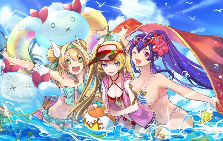 3girls :d adapted_costume aqua_bikini artist_request ball beach beachball bell bikini bird blazblue blazblue_alternative:_dark_war blonde_hair blue_bikini blue_eyes blue_hair bow breasts dove eyewear_on_head fish flat_chest green_eyes happy hat heart heart-shaped_pupils jacket kuon_gramred_shutleheim large_breasts long_hair low-tied_long_hair mai_natsume medium_breasts micro_bikini muchourin multiple_girls neck_bell official_art one_eye_closed open_mouth pink_jacket platinum_the_trinity ponytail quad_tails red_bikini red_eyes seagull small_breasts smile summer sunglasses swimsuit swimsuit_costume symbol-shaped_pupils twintails visor_cap water xblaze