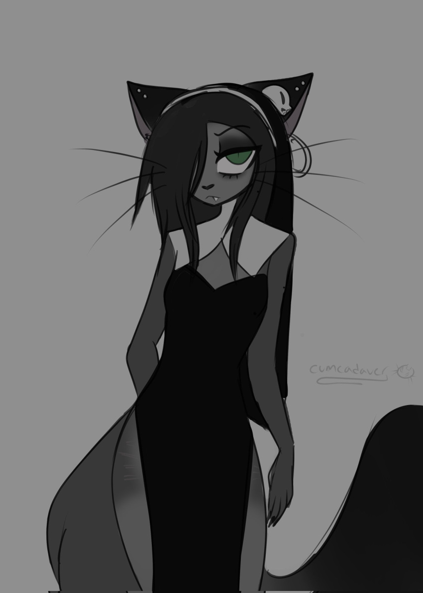 anthro cumcadaver domestic_cat ear_piercing ear_ring eye_bags eyelashes eyeshadow fangs felid feline felis female goth hi_res makeup mammal neve_lunn nonbinary_(lore) nun_outfit piercing ring_piercing skull_accessory solo teeth