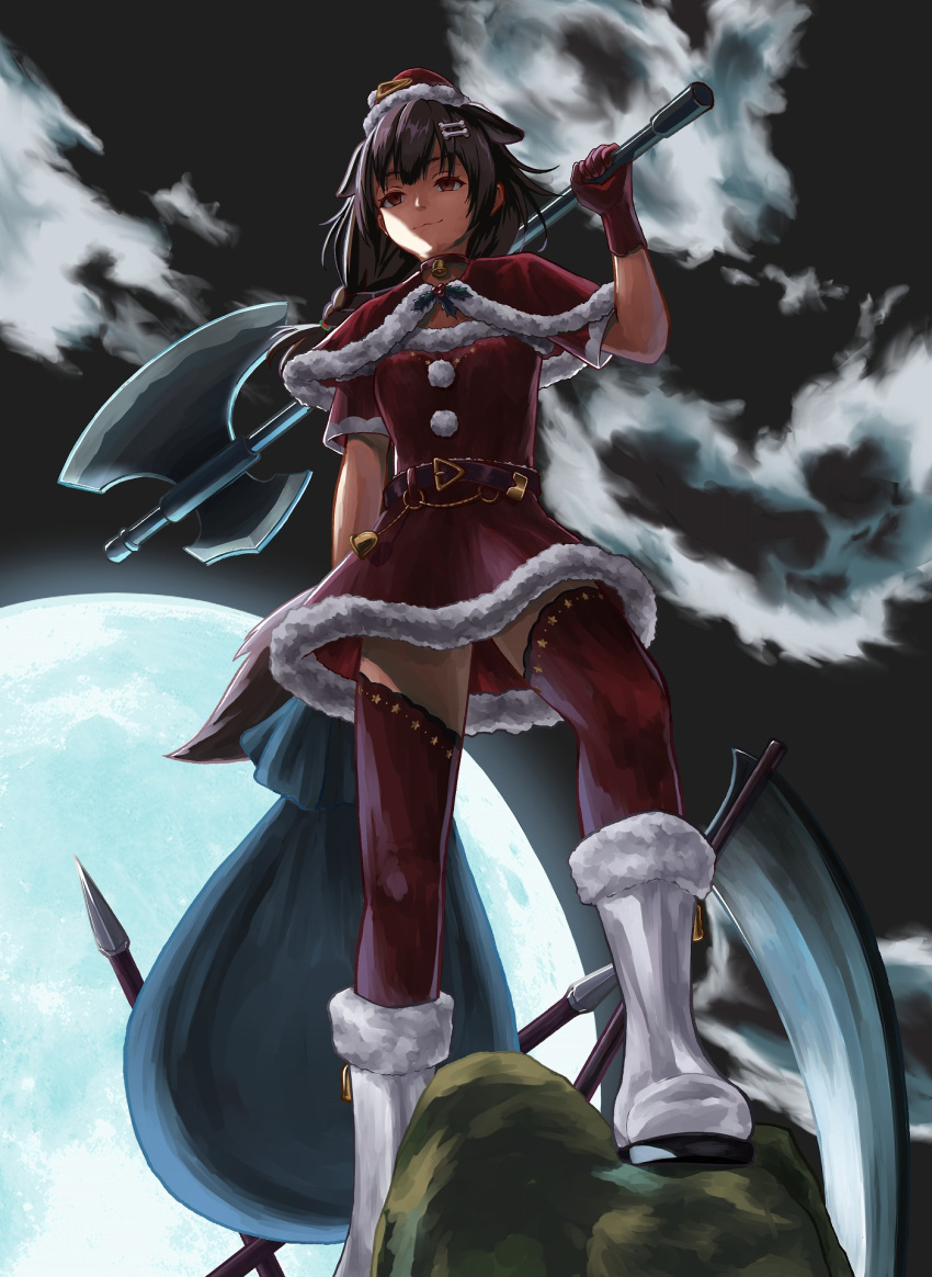 1girl axe bone_hair_ornament boots breasts brown_eyes brown_hair dog_girl dress full_moon fur-trimmed_boots fur-trimmed_dress fur-trimmed_headwear fur_trim gloves hair_ornament hat highres holding holding_axe holding_sack hololive inugami_korone looking_at_viewer medium_breasts moon red_dress red_gloves red_thighhighs sack santa_dress santa_hat smile solo takimoto_nao thighhighs virtual_youtuber white_footwear