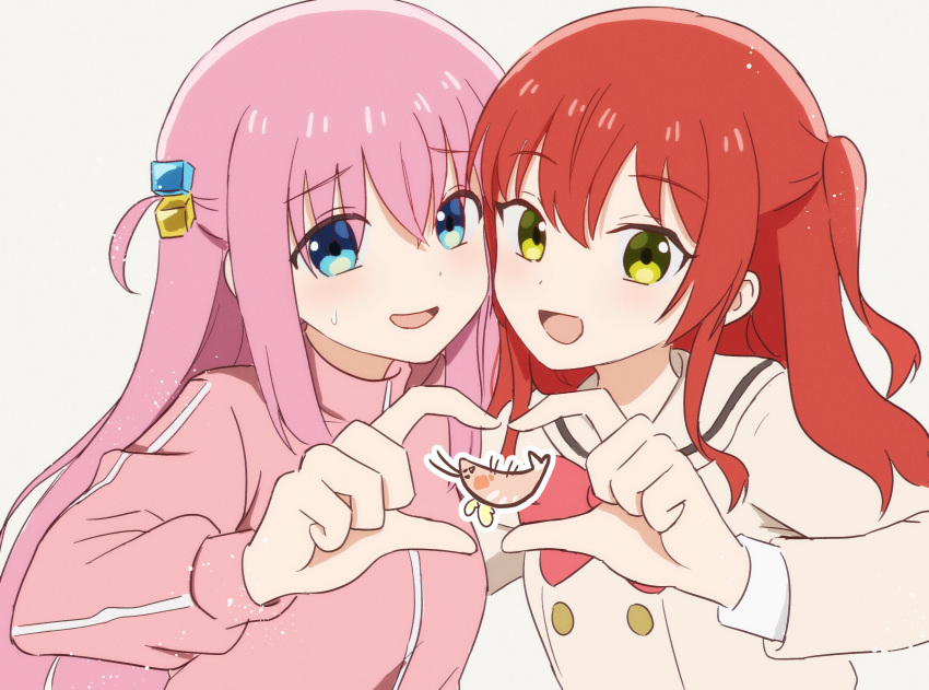 2girls blue_eyes bocchi_the_rock! bow brown_cardigan cardigan commentary_request cube_hair_ornament gotoh_hitori green_eyes hair_ornament hand_up heads_together heart heart_hands heart_hands_duo highres jacket kita_ikuyo krill55 long_hair long_sleeves looking_at_viewer multiple_girls one_side_up open_mouth pink_hair pink_jacket red_bow red_hair school_uniform shrimp shuka_high_school_uniform simple_background smile sweatdrop symmetrical_hand_pose track_jacket upper_body white_background