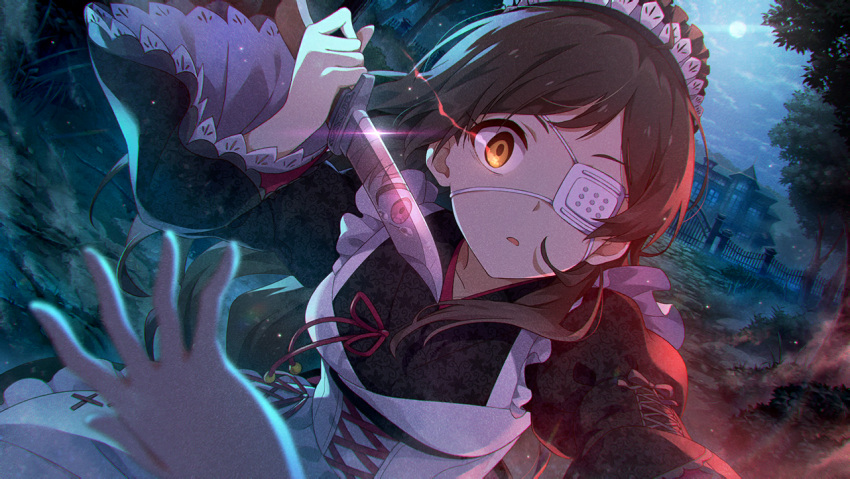 &gt;:( 1girl black_dress brown_eyes brown_hair dagger dress eyepatch frills glowing glowing_eyes hand_up headdress holding holding_weapon idolmaster idolmaster_million_live! kitazawa_shiho knife maid maid_headdress night official_art open_mouth outdoors red_ribbon reflection ribbon solo tears uniform v-shaped_eyebrows weapon wide-eyed
