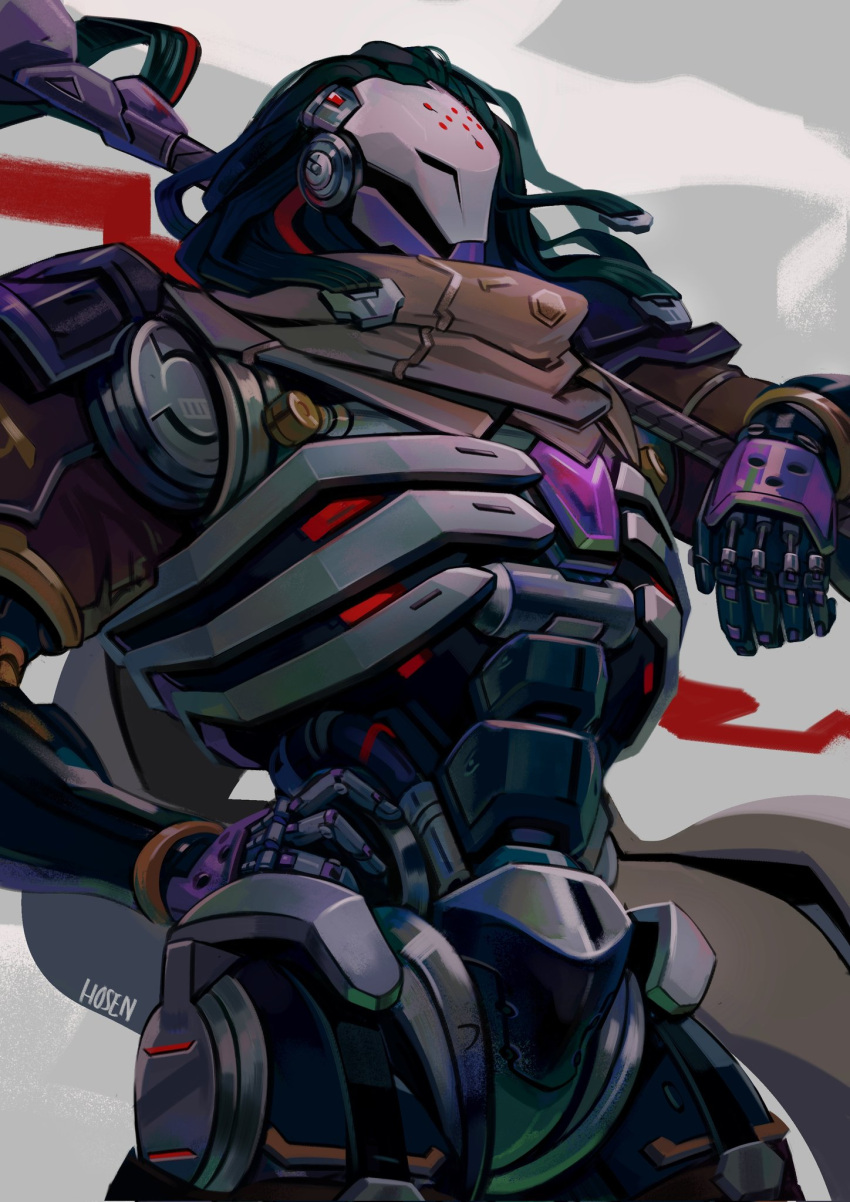 1boy artist_name cowboy_shot cyborg from_side highres holding holding_staff holding_weapon hosen looking_ahead male_focus mechanical_arms mechanical_hands mechanical_parts omnic overwatch overwatch_2 ramattra_(overwatch) red_background robot scarf solo staff upper_body weapon