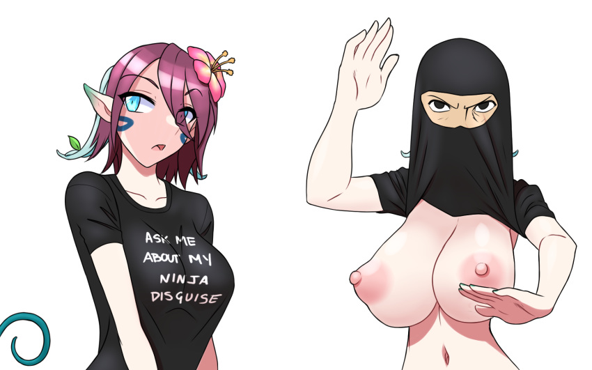 alien areola big_breasts blue_eyes breasts clothed clothing clothing_lift disguise dryad dryakui elf female flower furball hair hi_res horn humanoid markings meme nipples nokuri plant red_hair sei'ven shirt shirt_lift solo t-shirt text topwear vine_tail