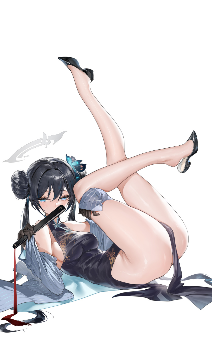 1girl absurdres black_dress black_footwear black_gloves black_hair blue_archive blue_eyes blue_jacket breasts butterfly_hair_ornament china_dress chinese_clothes dated_commentary double_bun dragon_print dress gloves grey_halo hair_bun hair_ornament halo hand_fan highres holding holding_fan horz jacket kisaki_(blue_archive) legs long_hair looking_at_viewer lying medium_breasts on_back pelvic_curtain print_dress shoes simple_background sleeveless sleeveless_dress striped striped_jacket thighs twintails vertical-striped_jacket vertical_stripes white_background
