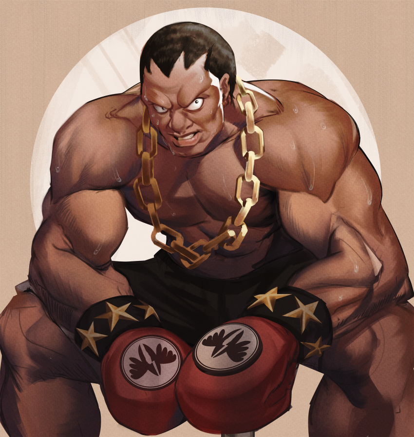 1boy absurdres balrog_(street_fighter) black_hair black_shorts boxing_shorts buzz_cut caprara chain chain_necklace constricted_pupils dark-skinned_male dark_skin english_commentary furrowed_brow gloves gold_chain highres jewelry lips male_focus muscular muscular_male necklace nose pectorals red_gloves short_hair shorts sitting solo star_(symbol) street_fighter sweat topless_male very_dark_skin very_short_hair