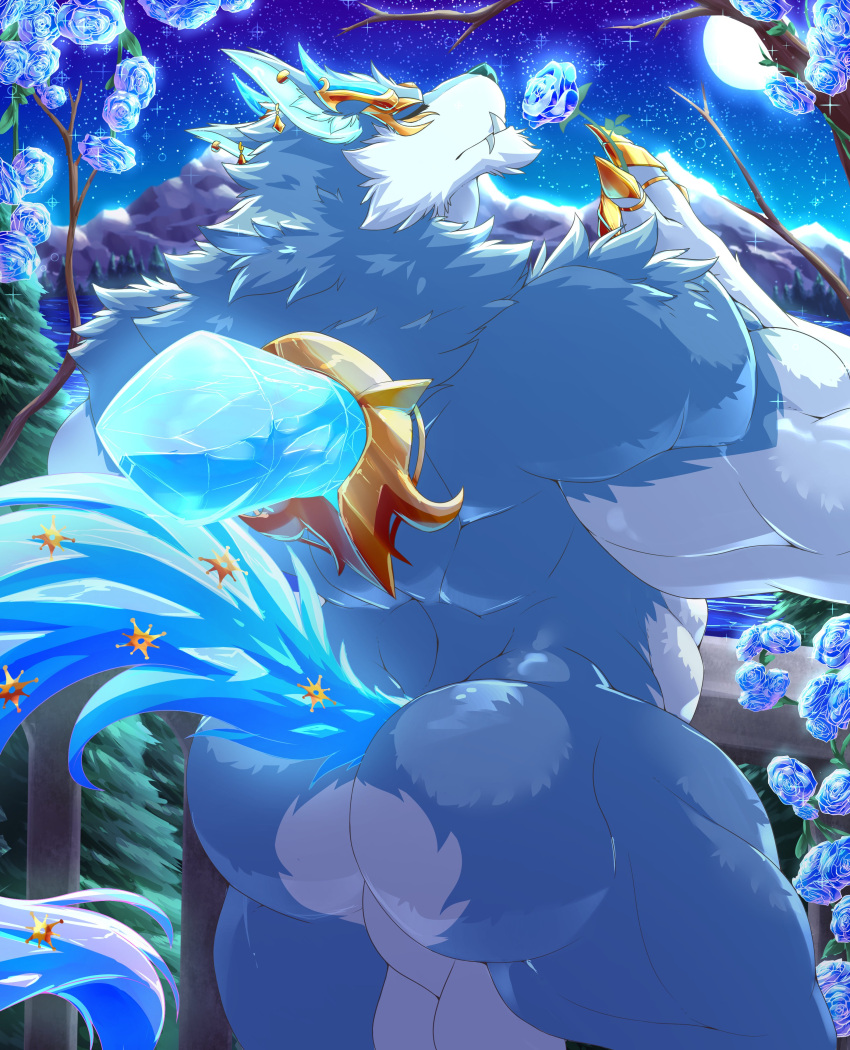 absurd_res anthro balls big_butt butt canid canine canis daikitei eyes_closed flower fur genitals hi_res humanoid league_of_legends male mammal muscular muscular_anthro muscular_male nude plant rear_view riot_games solo tail teeth warwick_(lol) wolf