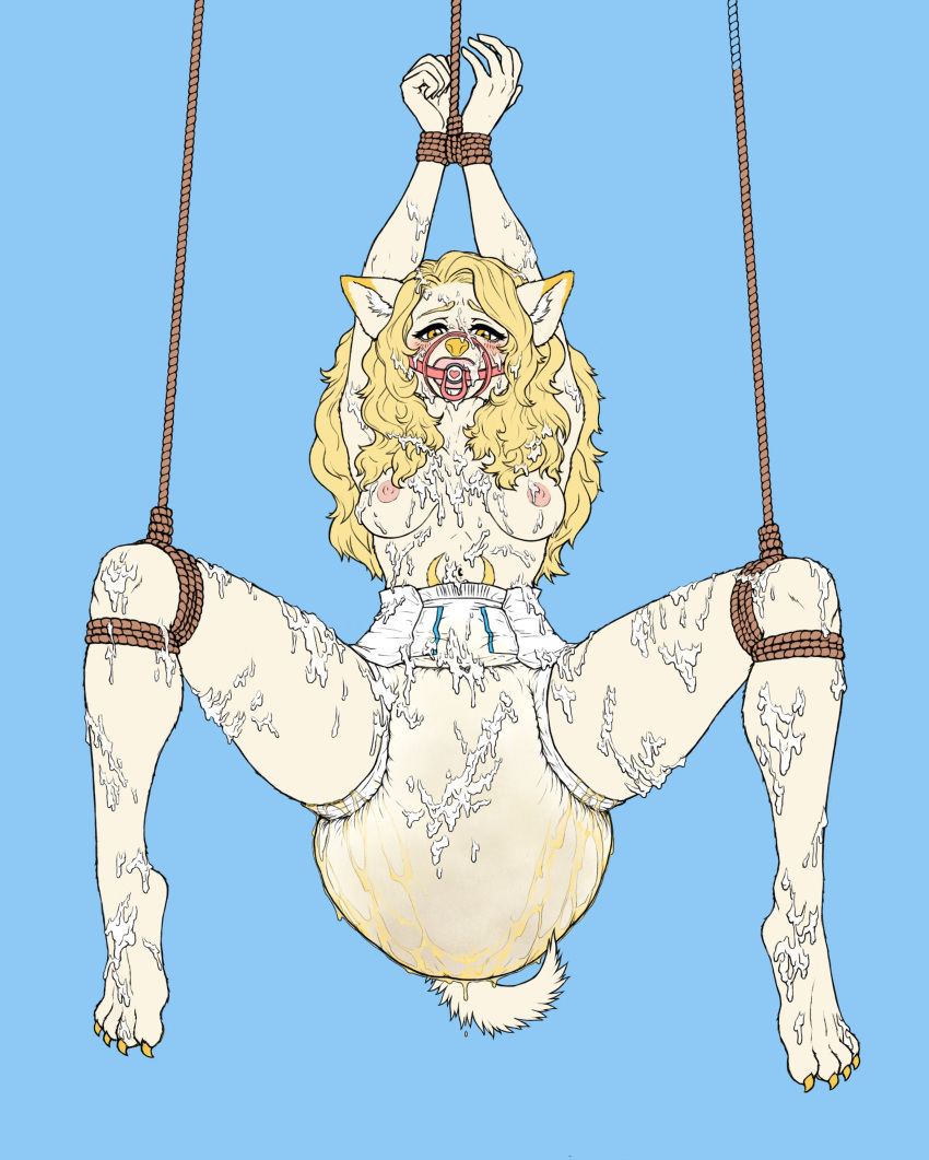absurd_res anthro arms_tied arms_together bdsm belly belly_markings big_diaper blonde_hair blush bodily_fluids bondage bound breasts canid canine canis claws clothed clothing cum cum_in_hair cum_on_arm cum_on_armpit cum_on_body cum_on_breasts cum_on_chest cum_on_diaper cum_on_face cum_on_feet cum_on_leg cum_on_pacifier diaper diaper_only dipstick_ears domestic_dog drooling embarrassed feet female floofnfluff forced fur furgonomics gag genital_fluids hair hanging_from_rope hi_res infantilism leaking_diaper leaking_urine legs_tied long_hair looking_at_viewer mammal markings multicolored_ears muzzle_(object) muzzled navel nipples object_in_mouth pacifier pacifier_gag pacifier_in_mouth pawpads paws pink_pawpads raised_arm restraints saliva solo spread_legs spreading suspension tail tan_body tan_fur toes topless urine urine_on_diaper wet_diaper wetting white_diaper yellow_eyes yellow_nose